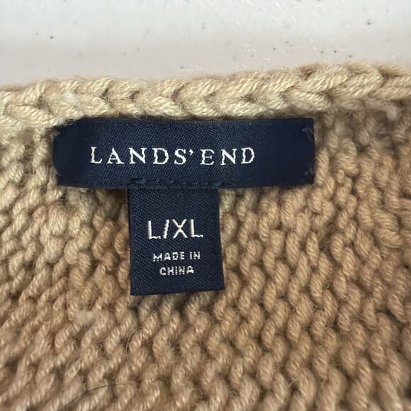 Lands End large XL Poncho Sweater Tan Pullover Cable Knit Fringe Wool Blend - Picture 7 of 9